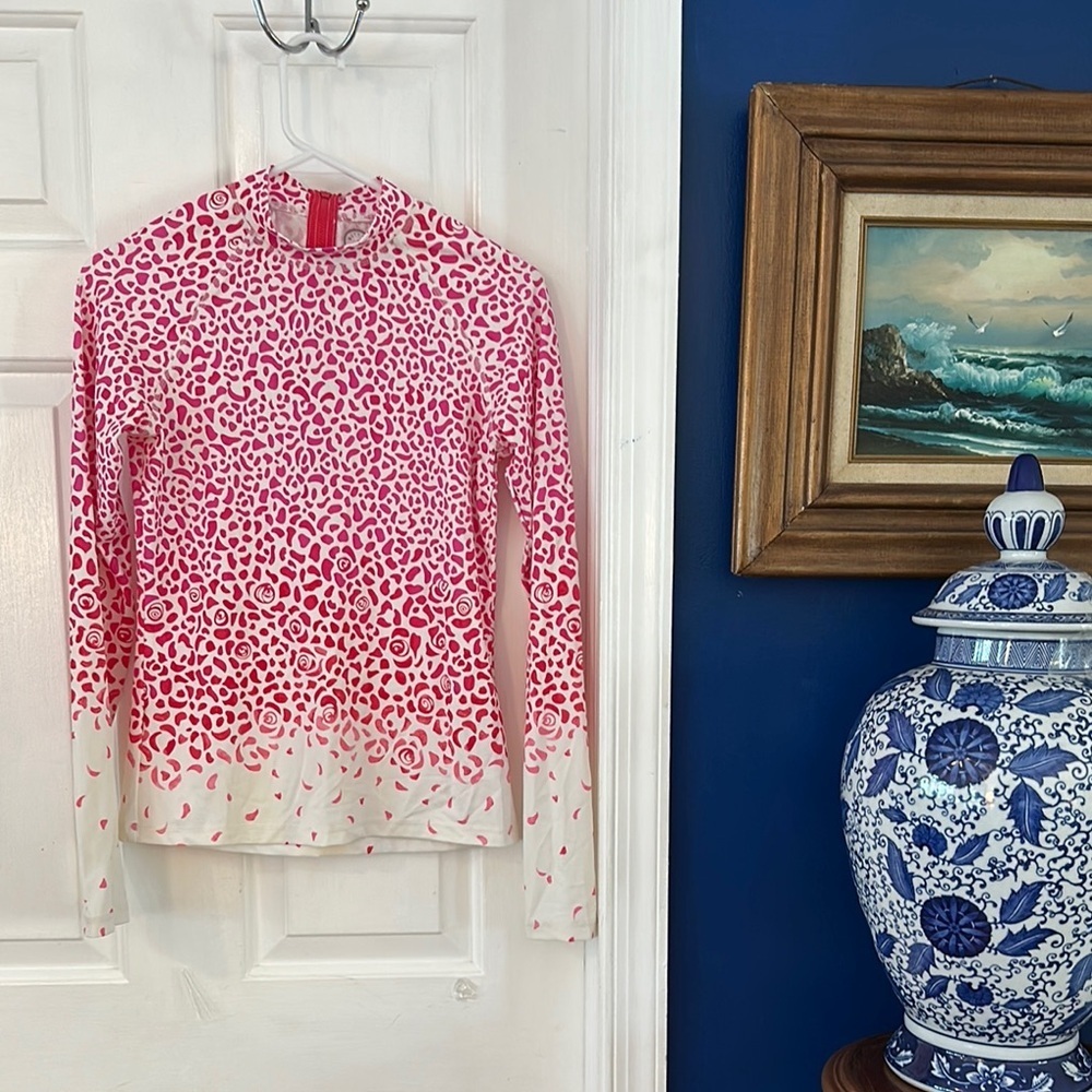 NWOT Women’s Mott50 Pink & White Leopard Print Zip Up Swim Top Size Small